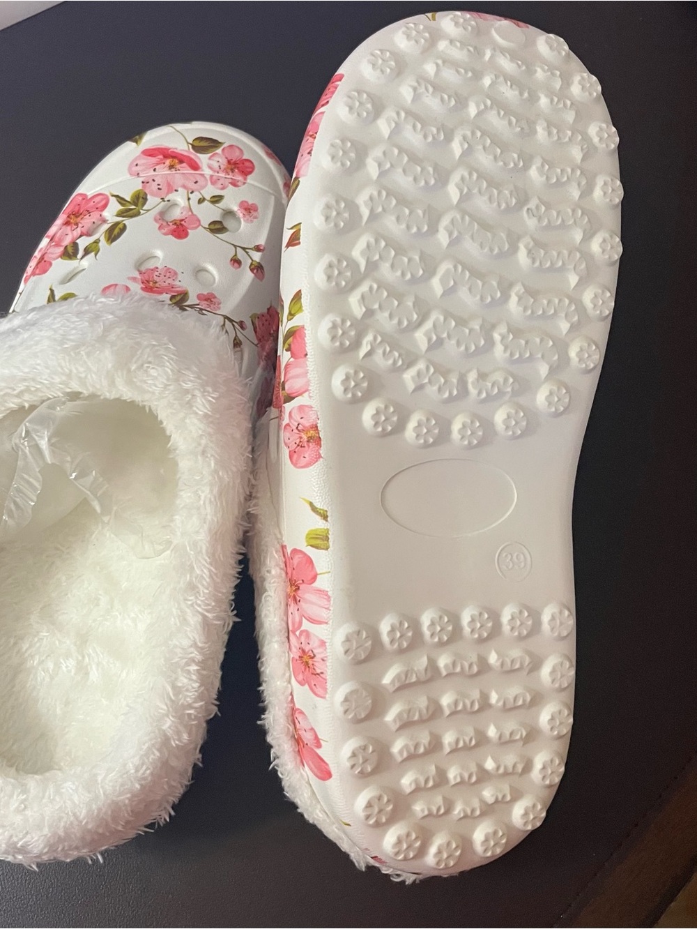Floral Fuzzy Lined Slip-On Slippers - White with Pink Flowers